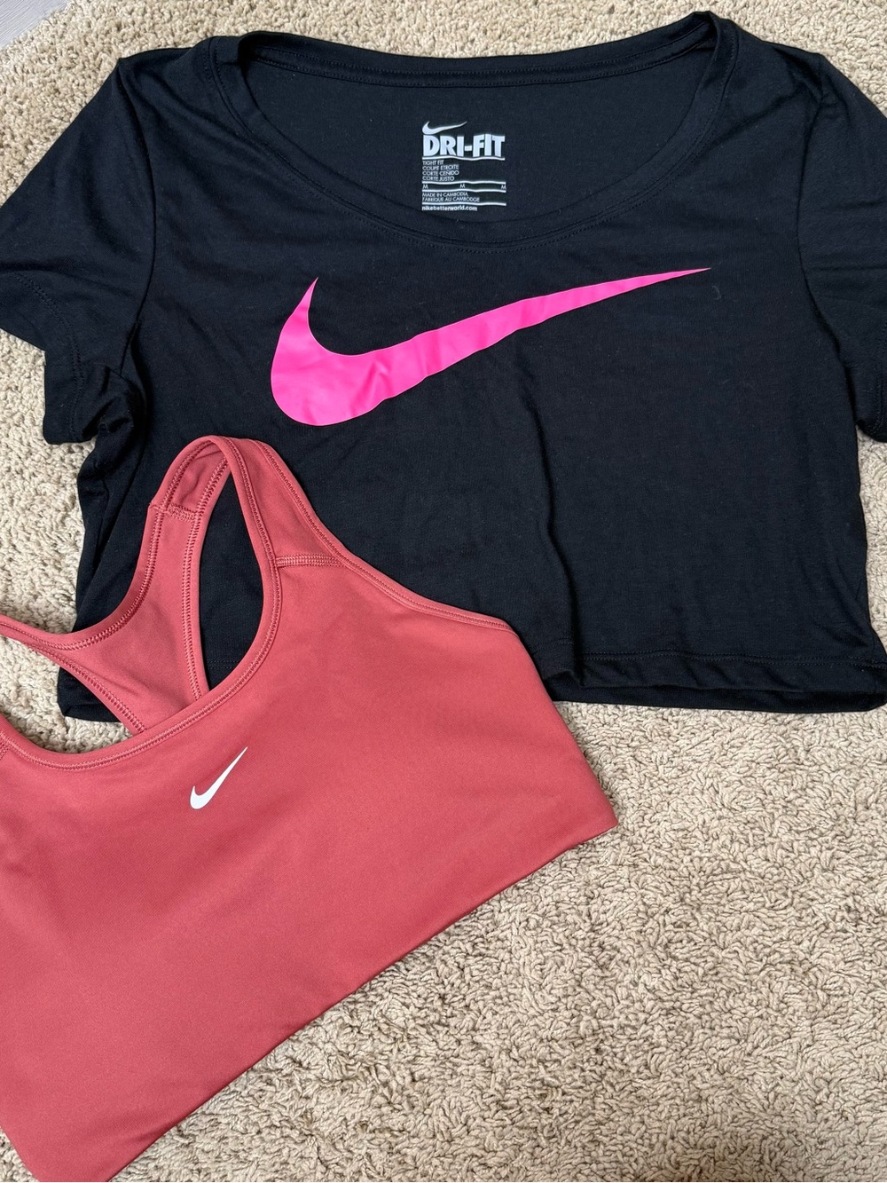 2PC Bundle : Nike Black Crop Tee with Pink Swoosh + Rose Sports Bra